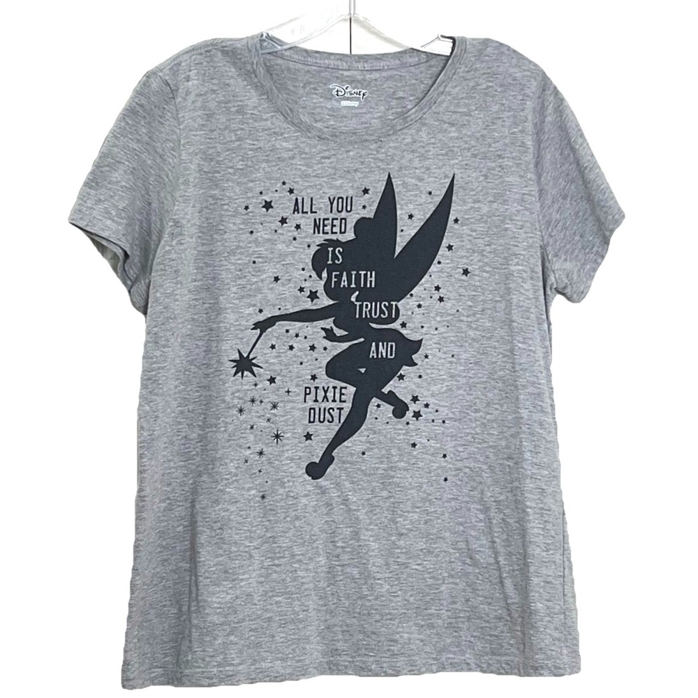 Disney Peter Pan Women's Tinker Bell T-Shirt L Gray Faith Trust Pixie Dust Magic